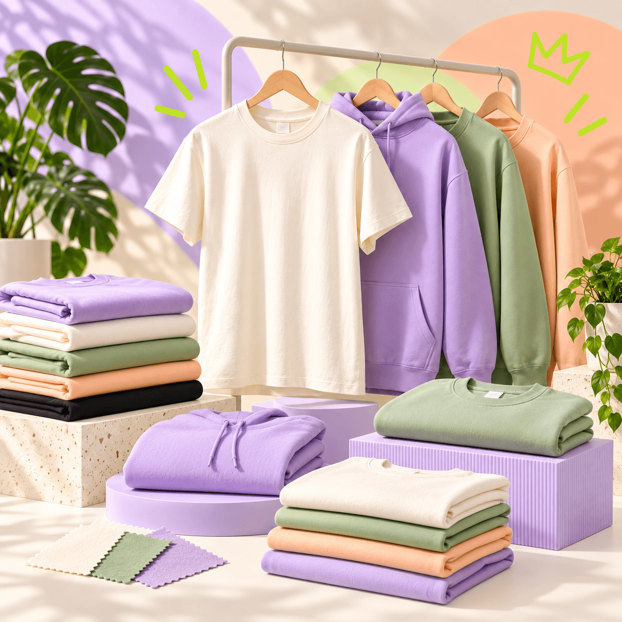 Pastel-toned display of blank apparel products ready to be chosen