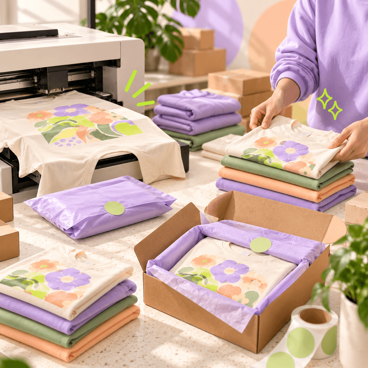 T-shirts being produced and packed for shipping in a fulfillment workshop